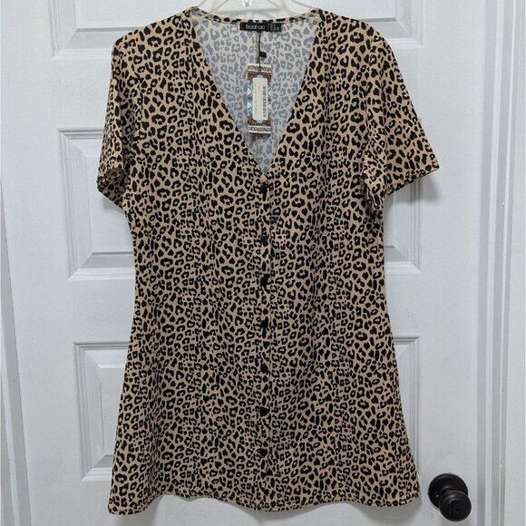 New Boohoo Petite Leopard Print Button Shirt Mini Dress Size 8 - Picture 3 of 6